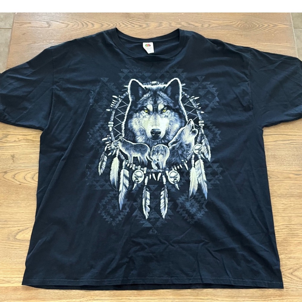 Fruit of the Loom Black Wolf Dreamcatcher Graphic T-Shirt Mens 3XL HD Cotton